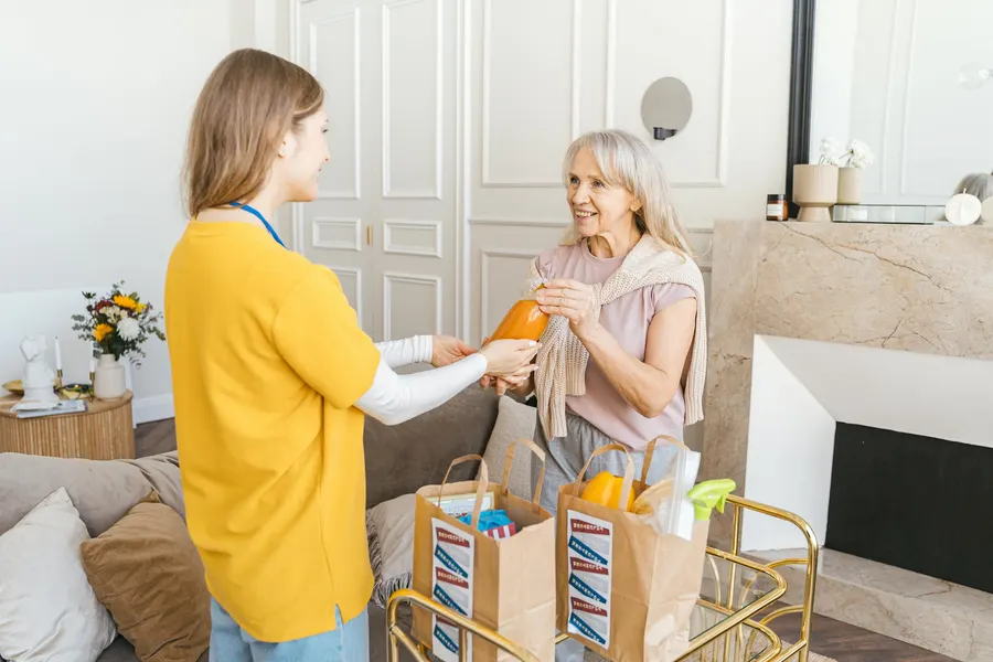 A senior home-care service website showing a caregiver with an elderly client at home